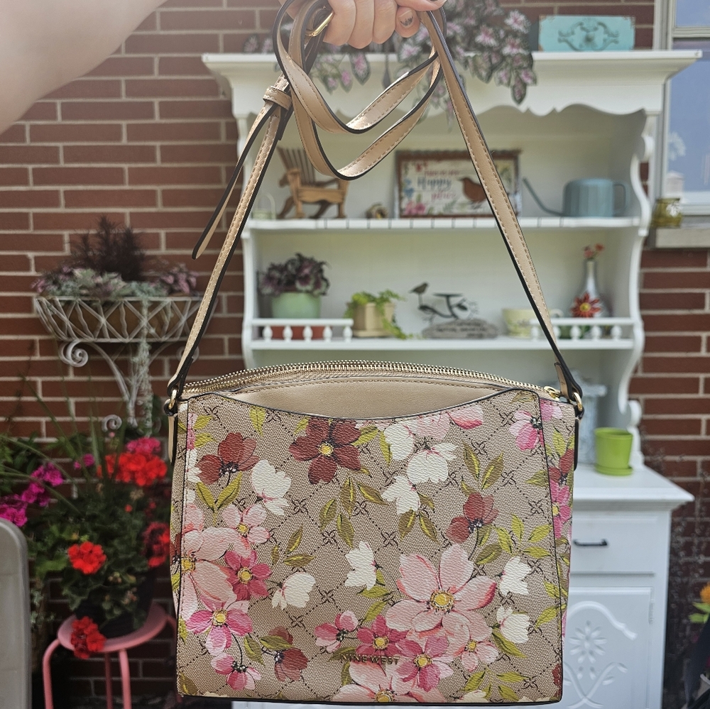 Nine West Tan With Pink Floral Crossbody Bag